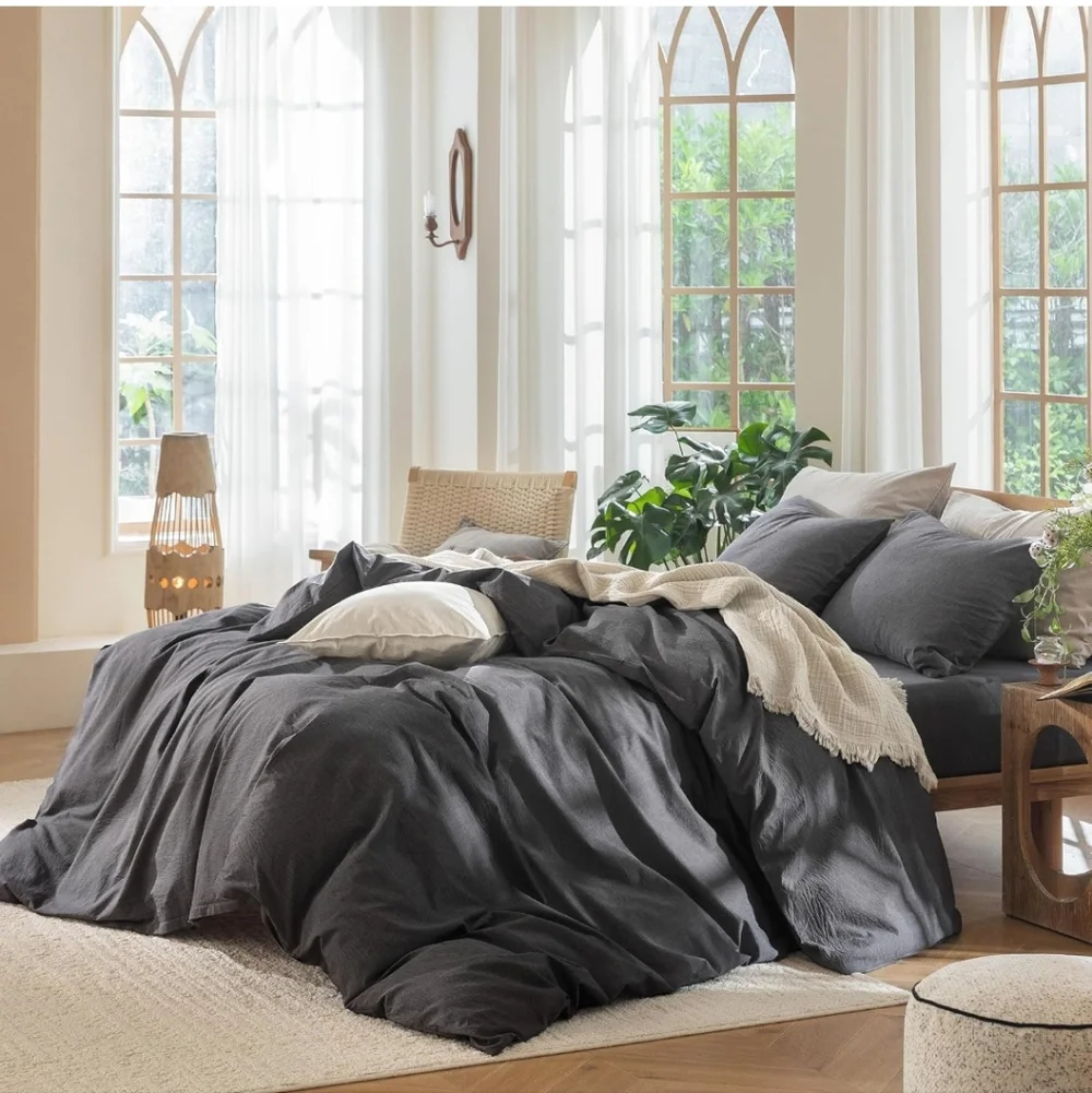MooMee Bedding Duvet Cover Set 100% Washed Cotton Linen Like Textured Breathable